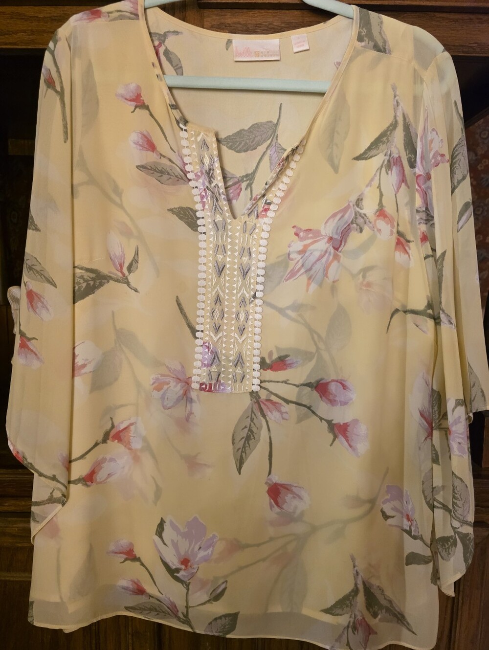 Belle Light Yellow Floral V-neck Women's Blouse with Embroidered Placket